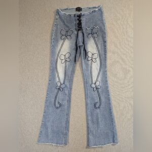 dELiAs Low Rise Flare Jeans Women's Large Blue Tie Front Butterflies